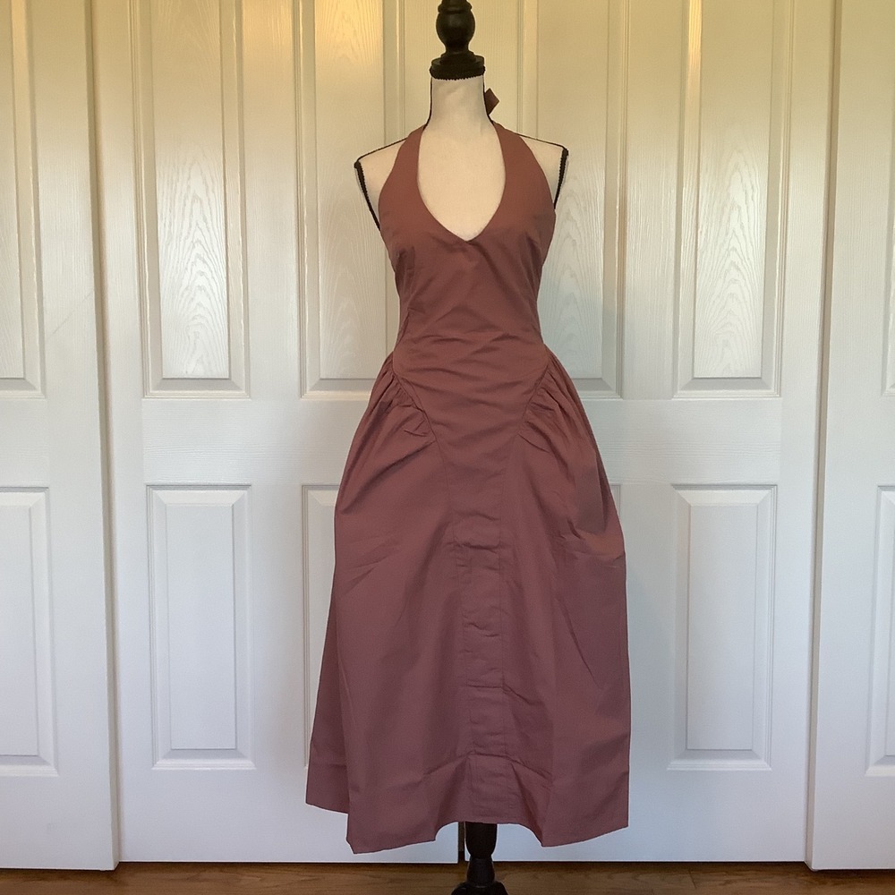Oak + Fort Rose Taupe Cotton Halter Midi Dress Womens Size Small NWT